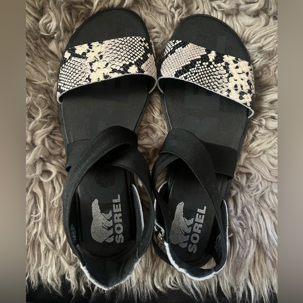 Sorel Black and Snake Print Sandals